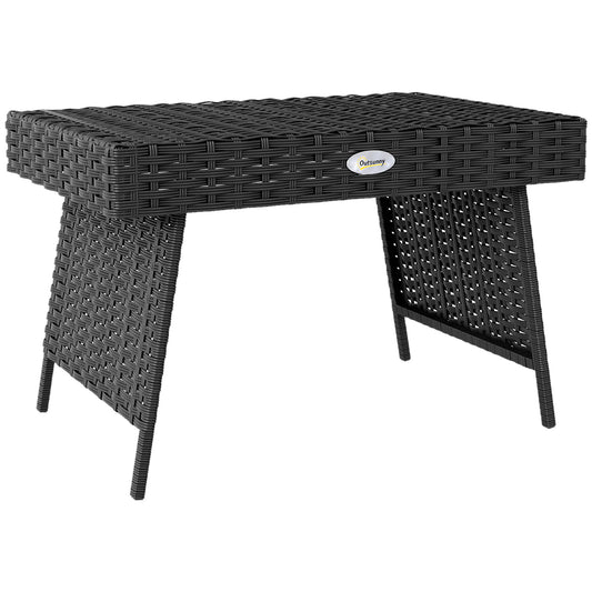 Outsunny Foldable Outdoor Coffee Table, Steel Frame Rattan Side Table, Coffee Table Side Table for Garden, Black