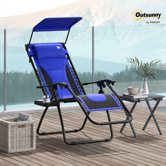 Outsunny Zero Gravity Lounger Chair, Folding Reclining Patio Chair with Shade Cover, Padded Seat, Cup Holder, Soft Cushion and Headrest for Poolside, Camping, Blue