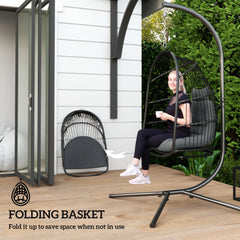 Outsunny Hanging Egg Chair Outdoor Indoor Rattan Swing Chair with Installation Kit, Foldable Garden Hanging Seat with Thickened Cushion, Headrest, Dark Grey