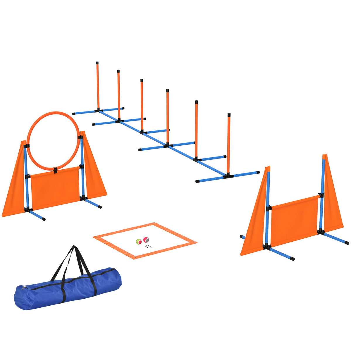 PawHut 6 Pieces Dog Agility Equipment Set with Weave Poles, Jump Ring and Hurdle, Pause Box and Carry Bag, Orange