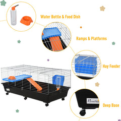 PawHut Small Animal Cage Rabbit Guinea Pigs Chinchillas Cage w/ Wheels Water Bottle Food Dish Platform Ramp 119 x 59 x 50 cm Black