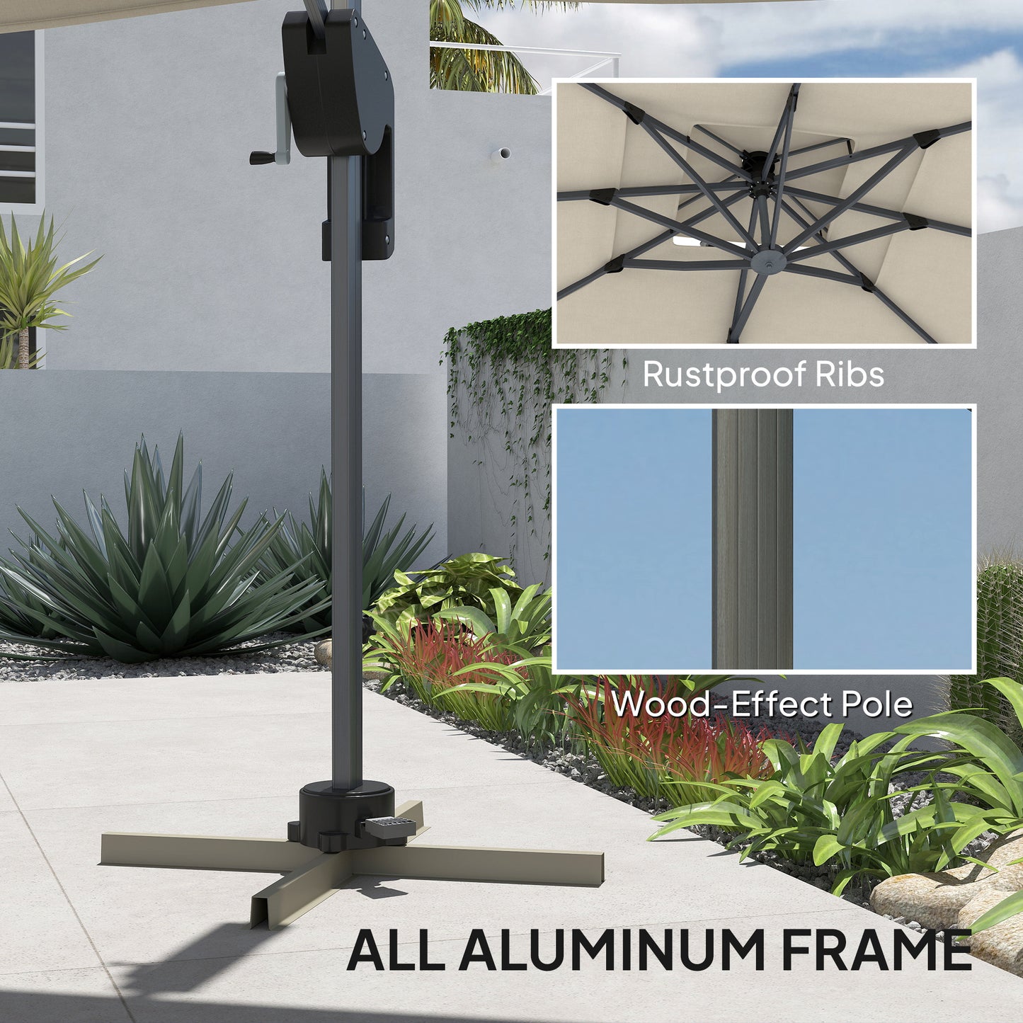 Outsunny 3.7 x 2.7 m Cantilever Parasol w/ 360√Ç¬∞ Rotation and Easy Tilt Adjustment, Aluminium Hanging Offset Outdoor Umbrella w/ Double Top and Cross Base, UPF50+ Hanging Sun Shade, Grey Wood Effect
