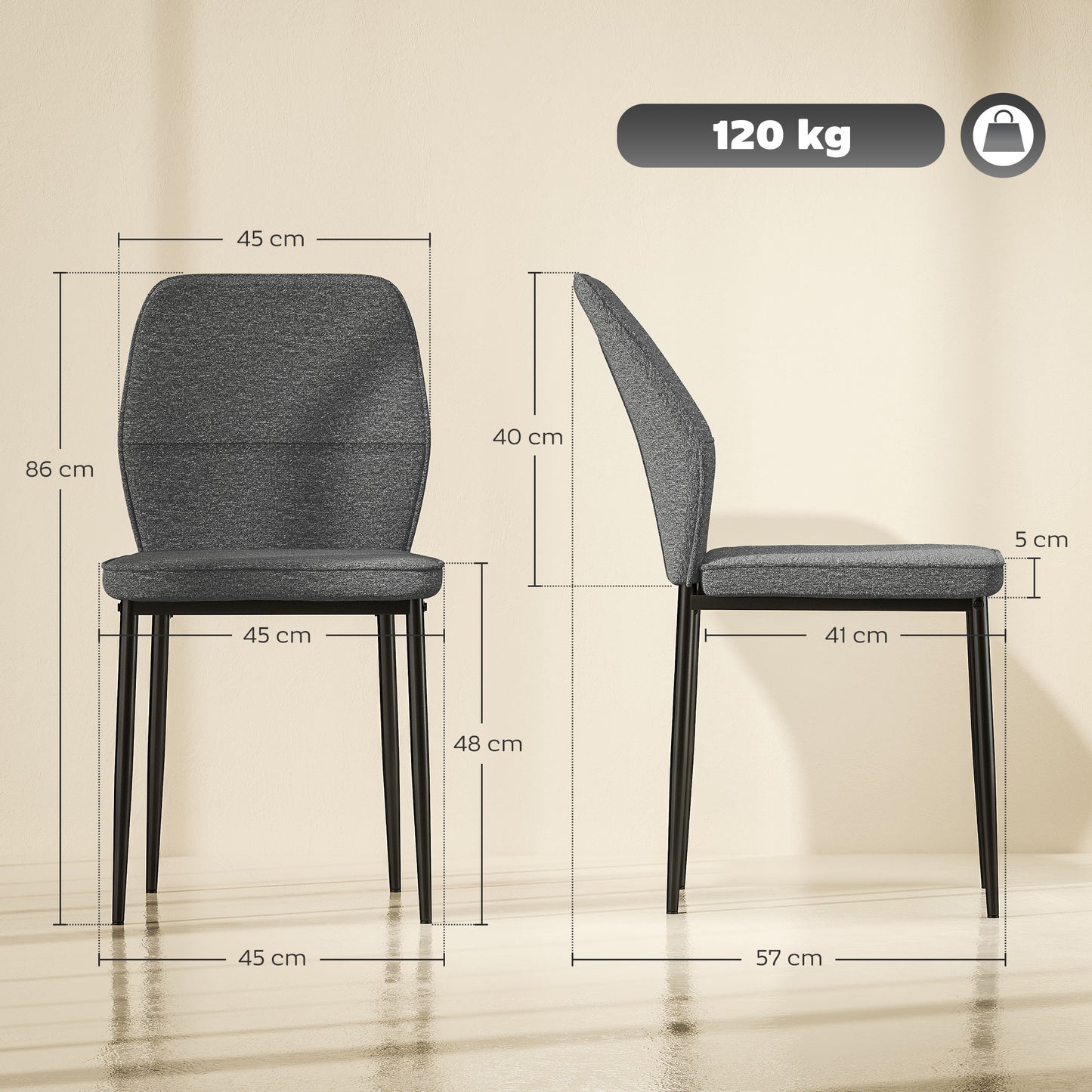 HOMCOM Velvet Dining Chairs Set of 2, Modern Upholstered Kitchen Chairs with Metal Legs, Curved Back and Padded Seat, Armless Side Chairs for Dining Room, Bedroom, Living Room, Grey
