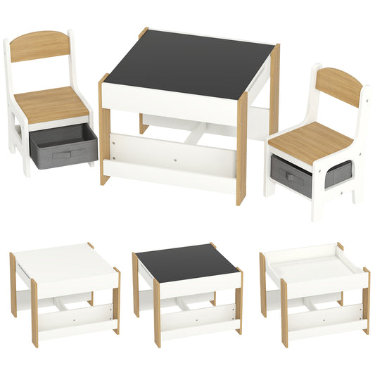 HOMCOM Three-Piece Kids Table and Chair Set with Blackboard, Storage, Bookshelves - Natural Wood