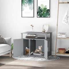 PawHut Wooden Cat Litter Box Enclosure Furniture with Adjustable Interior Wall & Large Tabletop for Nightstand, Grey