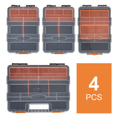 DURHAND Set Of 4 Plastic DIY Tool Storage Boxes w/ Inside Dividers Locking Lids Home Garage Organisation Stacking Arts Crafts Bolts Black Orange