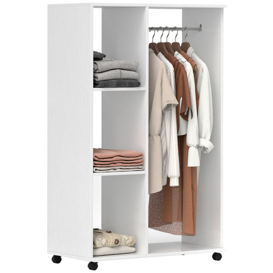 HOMCOM Open Wardrobe on Wheels, Bedroom Wardrobe with Clothes Hanging Rail, 3 Storage Shelves, Mobile Garment Rack for Cloakroom, Hallway, White