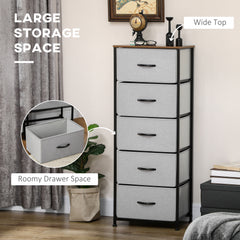 HOMCOM Fabric Chest of Drawers, Storage Drawers, Industrial Bedroom Dresser with 5 Fabric Drawers, Steel Frame and Wooden Top for Nursery, Living Room, Hallway, Grey