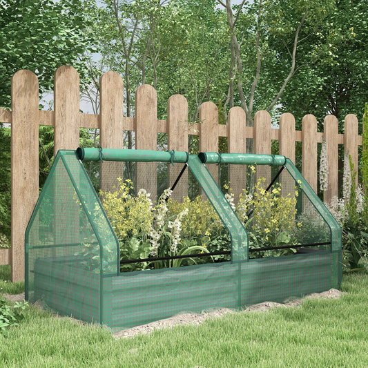 Outsunny Metal Planter Box with Cover, Raised Garden Bed with Greenhouse, for Herbs and Vegetables, Green and Dark Grey