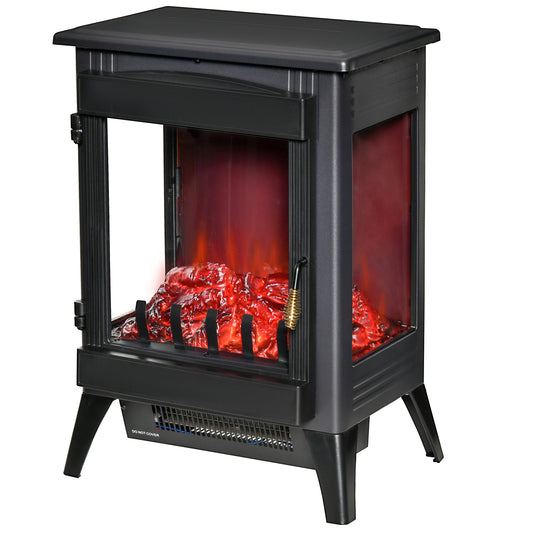 HOMCOM Free standing Electric Fireplace Stove, Fireplace Heater with LED Flame Effect, 3-sided Tempered Glass, Overheat Protection, 1000W/2000W, Black