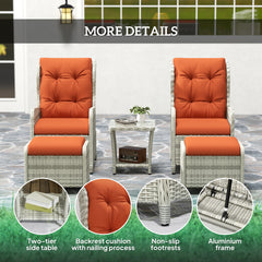 Outsunny 5 Pieces Rattan Bistro Set with Adjustable Back, Reclining Wicker Balcony Furniture with Cushions, Glass Top Coffee Table and Footstools, Outdoor Table and Chairs, Orange