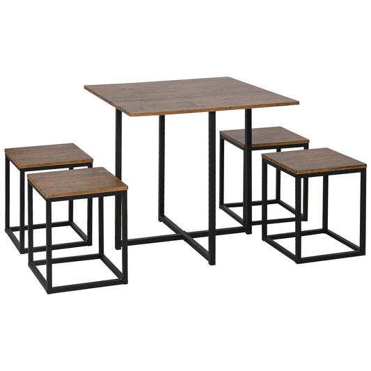 HOMCOM 5 Piece Dining Table and Chairs Set 4, Industrial Space Saving Table and Chairs with Metal Frame, Square Kitchen Table and Stools for Dining Room, Brown