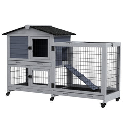 PawHut Portable Rabbit Cage, Rabbit Hutch with Run, Wheels, Three Slide-Out Trays, Ramp, Openable Top for Outdoor Indoor - Grey