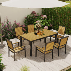 Outsunny 6 Seater Garden Dining Set with Stackable Chairs, Aluminium Frame, Rectangular Plastic Top, Garden Furniture Set, Outdoor Dining Table and Chairs for Patio, Balcony, Poolside, Nature Wood