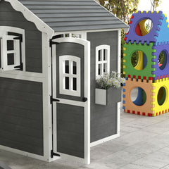 Outsunny Wooden Playhouse for Kids with Doors, Windows, Plant Box, Floors, for Ages 3-8 Years, for Gardens, Lawns, Patios - Grey