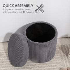 HOMCOM 40cm Round Storage Ottoman, Corduroy Footstool with Removable Lid and Legs, Vanity Stool for Living Room, Bedroom, Grey