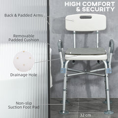 HOMCOM Aluminium Shower Chair with Backs and Arms, Height Adjustable Shower Seat with Removable Padded Cushion, Bath Stool for Seniors, Disabled, Pregnant, White