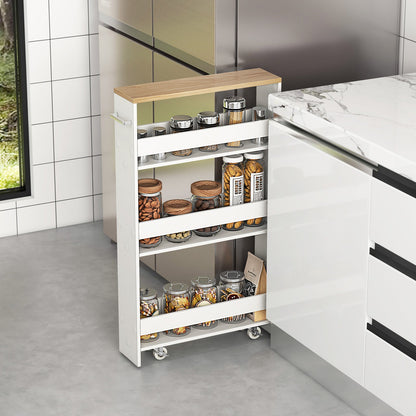 4-Tier Slim Storage Cart with Open Shelves and Wheels-Natural