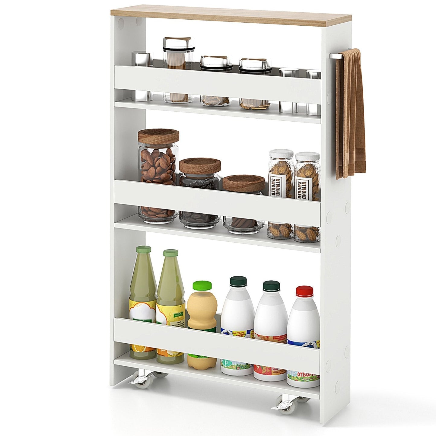 4-Tier Slim Storage Cart with Open Shelves and Wheels-Natural