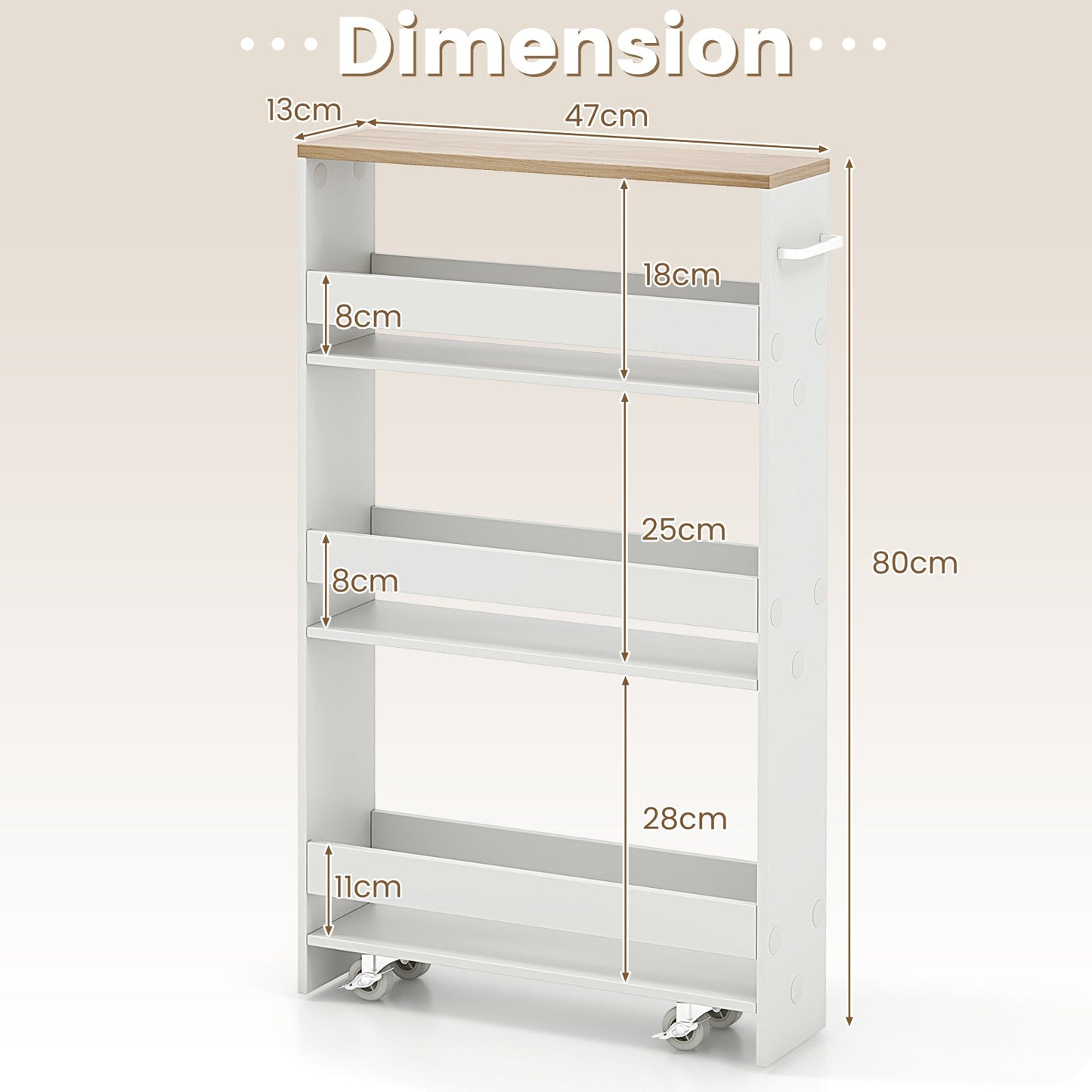 4-Tier Slim Storage Cart with Open Shelves and Wheels-Natural