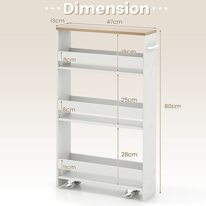4-Tier Slim Storage Cart with Open Shelves and Wheels-Natural