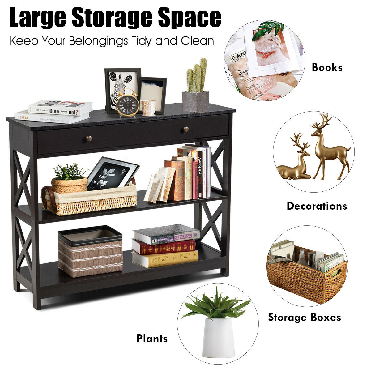 3-Tier Console Table with 1 Drawer and 2 Storage Shelves-Coffee