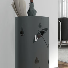 HOMCOM Freestanding Umbrella Stand for Hallway, Round Umbrella Basket with 4 Hooks and Drip Tray for Entryway, Dark Grey