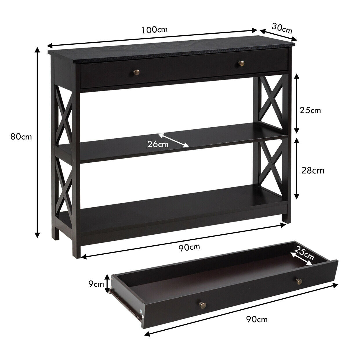 3-Tier Console Table with 1 Drawer and 2 Storage Shelves-Coffee