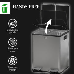 HOMCOM 40L Dual Compartment Stainless Steel Bin, with Deodoriser Holders - Silver Tone