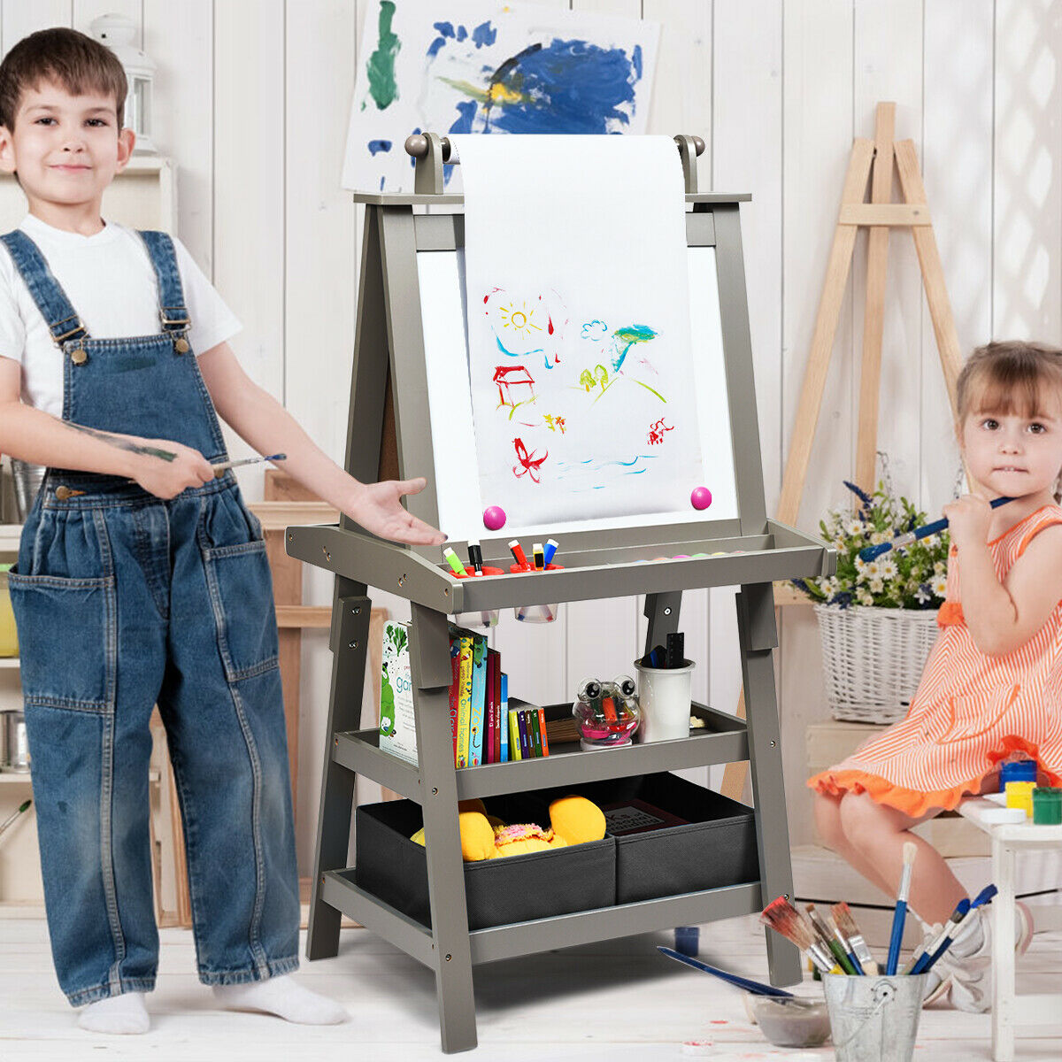 Children's Double-Sided Art Easel with Paper Roll-Grey