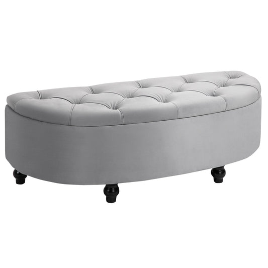 HOMCOM Semi-Circle Ottoman Storage Bench, Bed End Bench, Tufted Upholstered Window Seat Footrest Stool with Rubberwood Legs for Bedroom & Entryway, 120 x 46 x 42 cm, Light Grey