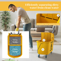 HOMCOM Mop Bucket with Wringer Set on Wheels for Floor Cleaning, 20 Litre Side Press Wringer with Handle and Mop, Yellow