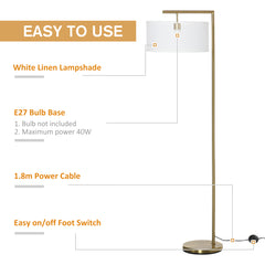 HOMCOM Floor Lamp, Modern Standing Light with Linen Lampshade, Round Base for Living Room, Bedroom, Dining Room, 153cm, Gold and White