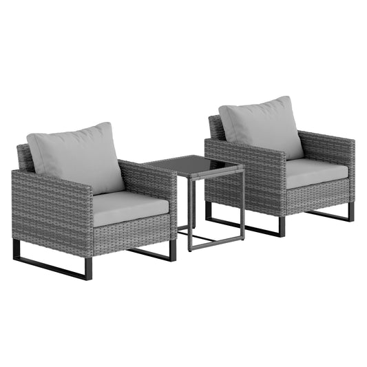 Outsunny 3 Pieces Rattan Bistro Set with 4 Cushions, Wicker Garden Furniture Set, Glass Top Coffee Table and Chairs for Outdoor Patio, Balcony, Terrace and Conservatory, Grey