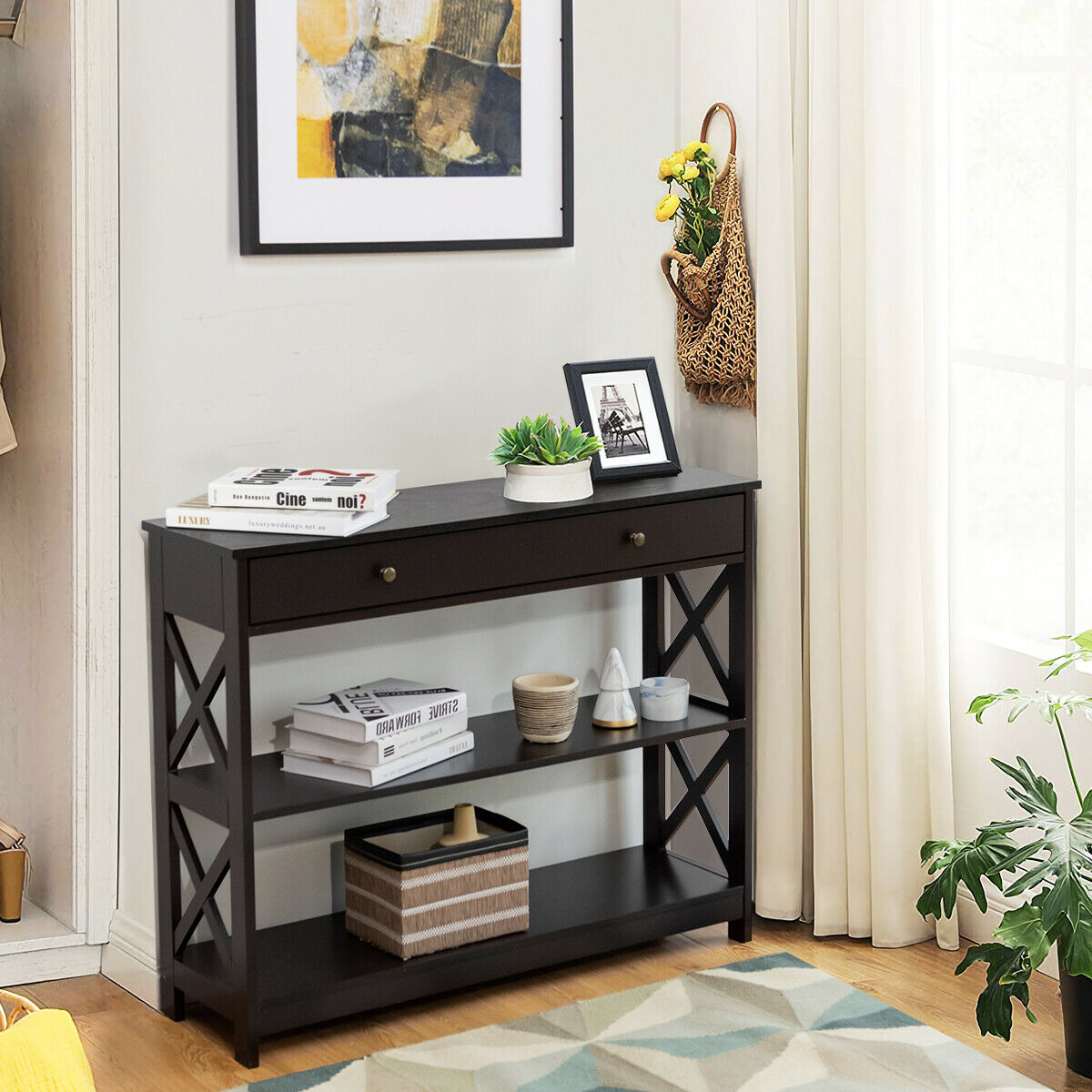 3-Tier Console Table with 1 Drawer and 2 Storage Shelves-Coffee