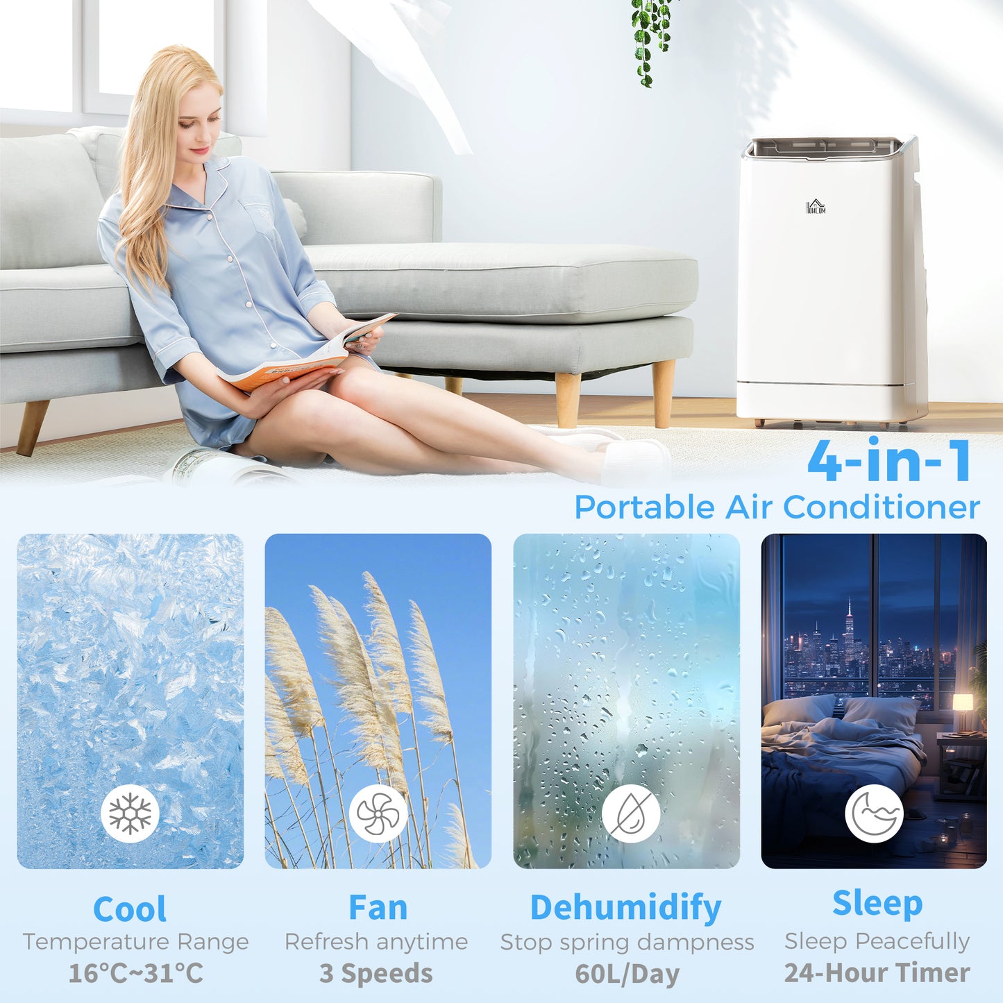 HOMCOM 14000 BTU Mobile Air Conditioner, 35m√Ç¬≤, Smart Home WiFi, with Dehumidifier, Fan, 24H Timer, Window Kit, White