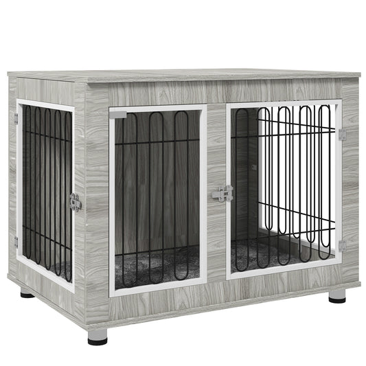 PawHut Indoor Dog Kennel w/ Soft Cushion, Double Door for Large Dogs, 106 x 74 x 81.5cm, Grey