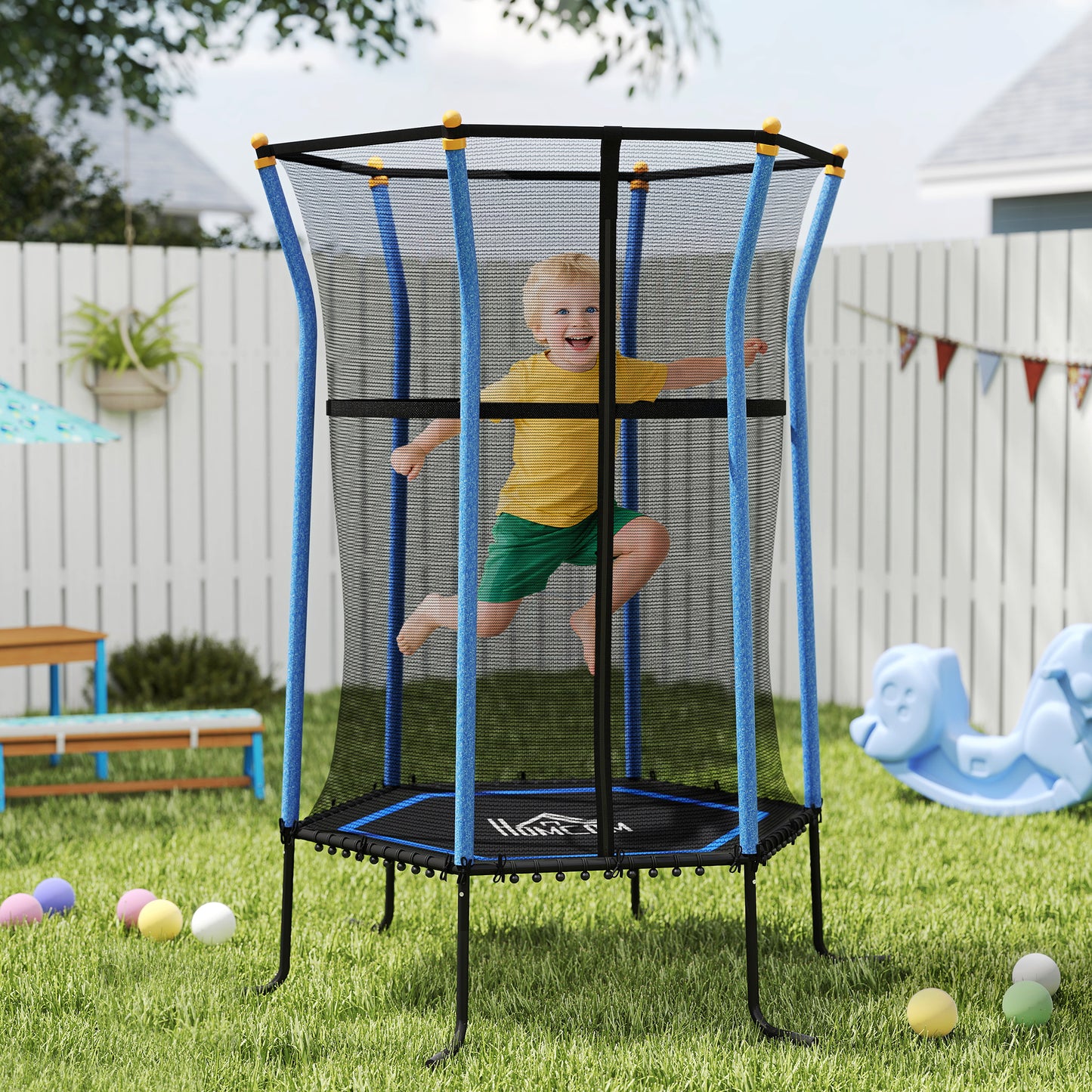 HOMCOM Kids Trampoline Mini Bouncer with Enclosure Safety Net For Ages 3-10 Years - Blue