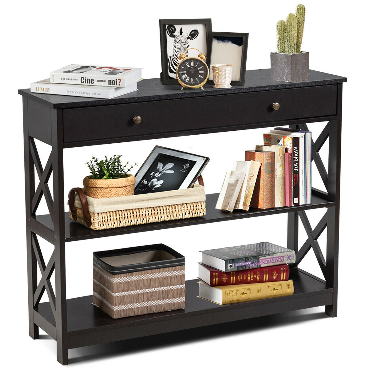 3-Tier Console Table with 1 Drawer and 2 Storage Shelves-Coffee