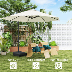 Outsunny 3(m) Garden Cantilever Parasol with Fillable Base, Wind Protection Strap, Cover, Round Banana Hanging Umbrella with Crank Handle and Tilt, Patio Umbrella for Outdoor Sun Shade, UPF50+, Cream