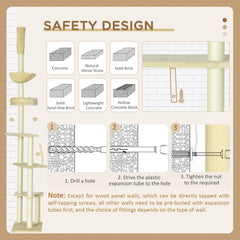 شجرة قطط PawHut من الأرضية إلى السقف للقطط الداخلية، برج لعب مكون من 6 طبقات ومركز أنشطة تسلق مع عمود خدش ومنصات وسرير وأرجوحة وارتفاع قابل للتعديل 230-250 سم، بيج