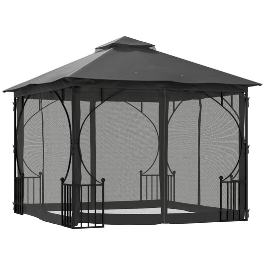 Outsunny 3 x 3(m) Garden Gazebo Patio Party Tent Shelter Outdoor Canopy Double Tier Sun Shade Metal Frame Netting, Dark Grey