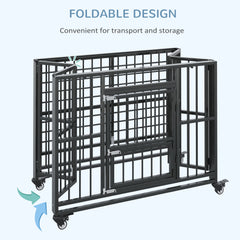 PawHut 43" Heavy Duty Dog Crate, Foldable Dog Cage, with Openable Top, Locks, Removable Tray, Wheels - Black