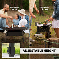 Outsunny Folding Camping Table, 90 x 55 cm Height Adjustable Portable Collapsible Table, 3ft Lightweight Aluminium Rollup Picnic Table with Storage Basket for Outdoor Garden Party BBQ, Black