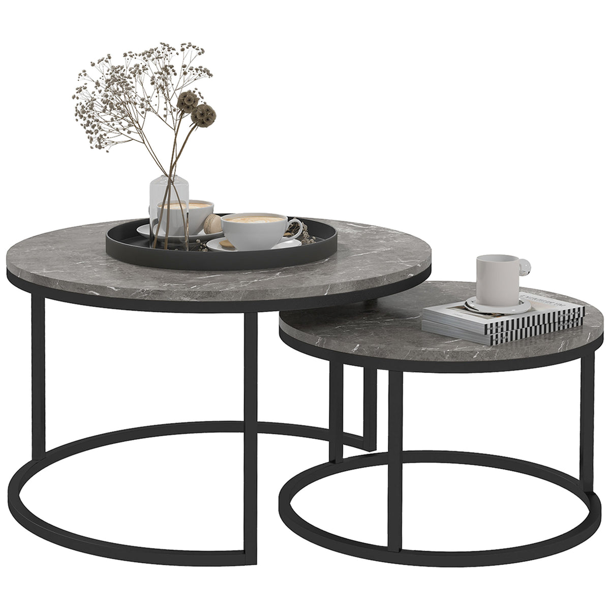 HOMCOM Industrial Nesting Coffee Table Set of 2, Round Coffee Tables, Living Room Table with Faux Marbled Top and Steel Frame