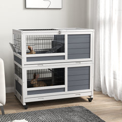 PawHut Double Deckers Guinea Pig Cage, Indoor Rabbit Hutch with Feeding Trough, Trays, Ramps, Openable Top - Grey