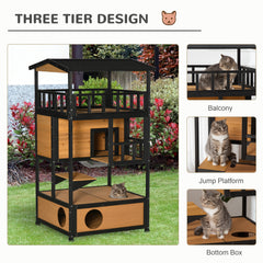 PawHut Wooden Outdoor Cat House 3-Tier for Winter Kitten Shelter Lodge w/ Tilted Roof Terrace Jump Step Bottom Tray Elevated Base Waterproof Paint Yellow