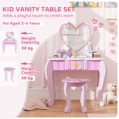 AIYAPLAY Kids Dressing Table Set, Vanity Table with Stool, Mirror, Drawer, Desktop Storage, Heart Theme, Pink