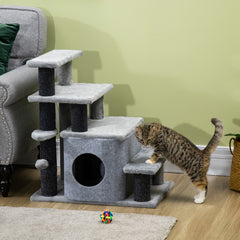 PawHut Adjustable Cat Steps, with House & Hanging Toy Ball - Grey