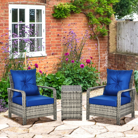 Outsunny 3 Pieces Rattan Bistro Set, Wicker Garden Furniture Set with Storage Coffee Table and Chairs, Thickened Cushions for Outdoor, Patio, Balcony, Blue